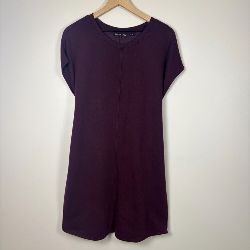 Athleta Burgundy Sweatshirt Dress Tie Waist Short Sleeve Knit Dress Medium